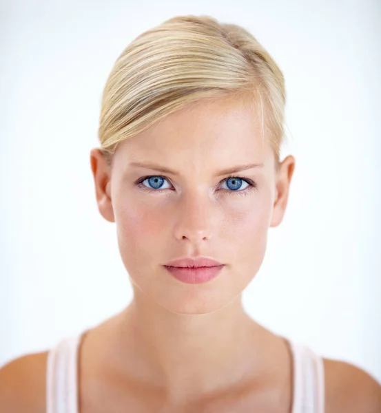 Olhos Cabeça Ombros Retrato Uma Linda Jovem Mulher Olhando Para — Fotografia de Stock