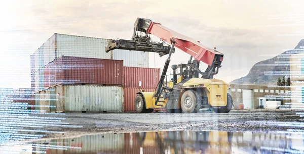 Overlay Levering Vorkheftruck Door Een Container Een Productieketen Voor Export — Stockfoto