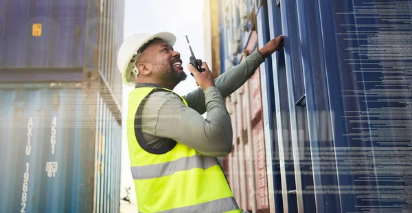 Shipping, container and logistics manager with a radio talking, communication and conversation. Black man working on stock export of cargo delivery, transport and supply chain industry at the port.
