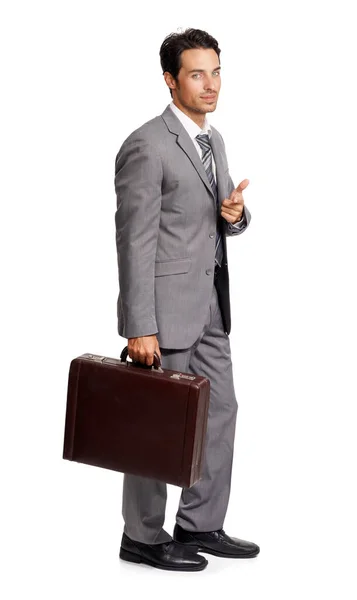 Lets Connect Full Length Young Executive Holding Briefcase Pointing You — Stock Photo, Image