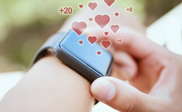 Hands, fitness smartwatch or heart abstract on health digital tracker for wellness training time, workout exercise or 3D data. Zoom, hands and sports personal trainer with futuristic clock technology.
