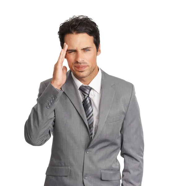Headache Killing Young Businessman Battling Headache While Isolated White Background — Stock Photo, Image