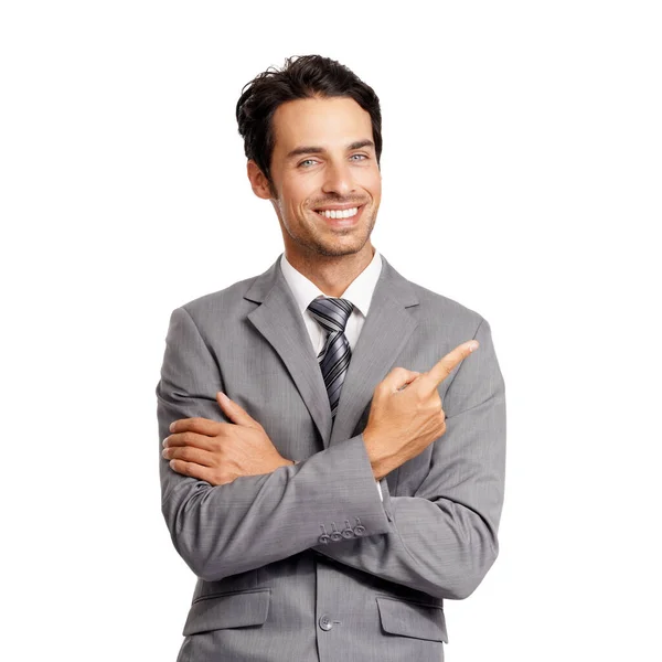 Its Got His Approval Smiling Young Executive Pointing Copyspace While — Stock Photo, Image