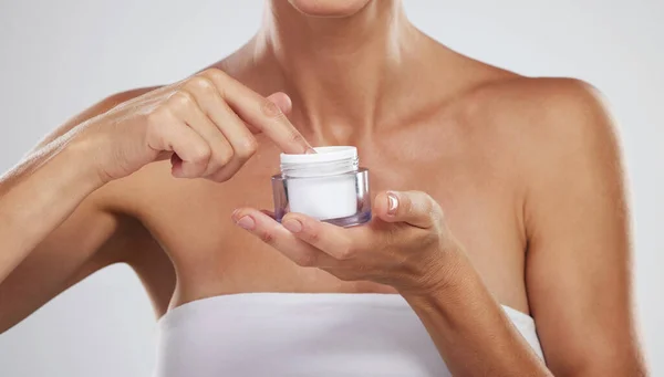 Cream Beauty Skincare Hands Woman Product Body Wellness Grey Studio — Stock Photo, Image