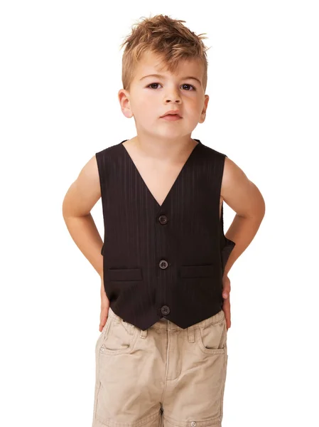 Jednání Postojem Roztomilý Malý Chlapec Pózující Bílém Pozadí — Stock fotografie