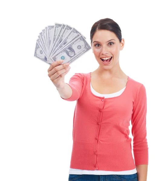 Winner Pretty Young Woman Holding Large Amount Dollar Bills — Stock Photo, Image