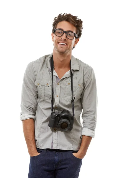 Han Inspirerande Ung Fotograf Porträtt Stilig Ung Fotograf Med Kameran — Stockfoto