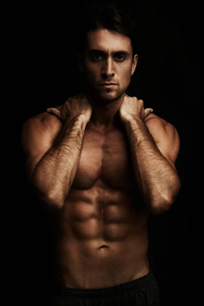 Dark Sexy Gorgeous Young Man Six Pack Isolated Black — Stock Photo, Image