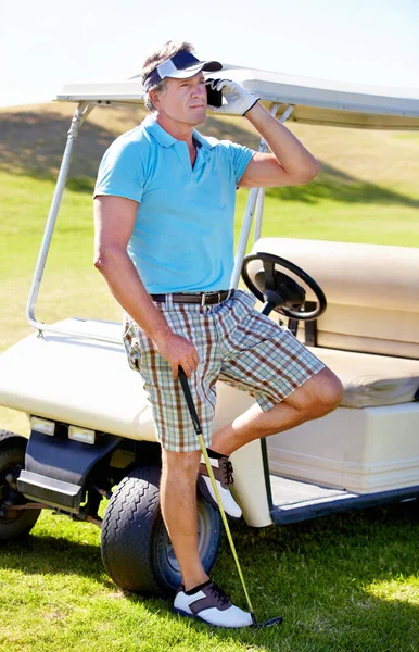 Going Bit Late Mature Man Taking Call While Standing Golf — Stock Photo, Image