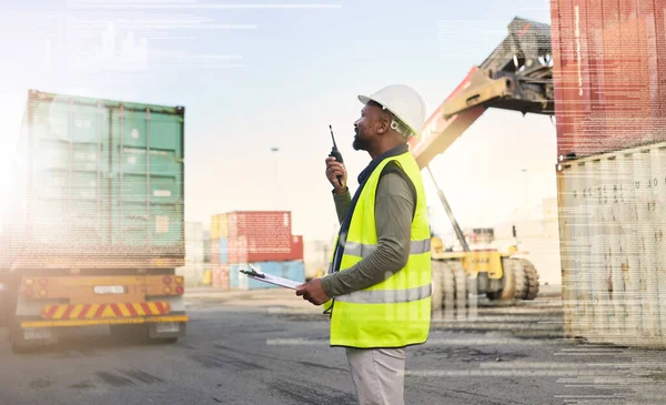 Delivery, logistics and manager in communication with walkie talkie about stock safety inspection for industrial distribution. Black man speaking with supply chain worker at cargo warehouse in Africa.