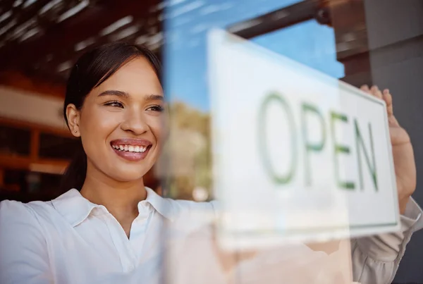 Kleinunternehmen Cafés Und Frauen Werben Mit Offenem Schild Als Manager — Stockfoto