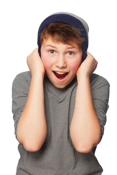 Wow Teenage Boy Pulling His Beanie His Ears While Screaming — Stock Photo, Image