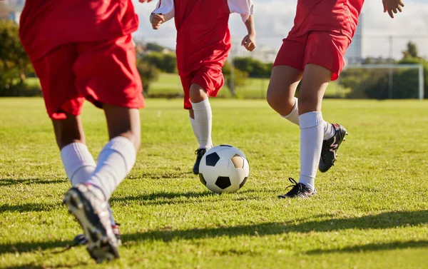 Kids team, soccer or legs with soccer ball in workout, fitness game or exercise on nature park grass, high school stadium or field. Football or sports training with energy in health or girls wellness.