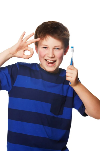 Higiene Dental Está Bien Retrato Niño Sosteniendo Cepillo Dientes Gesto —  Fotos de Stock