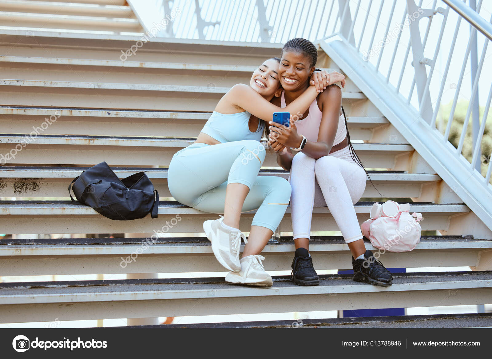 Fitness Friends Hug Women Phone Gym Bag Selfie Social Media Stock