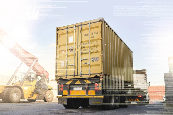 Logistics truck, shipping and transportation of cargo at a supply chain port ground. Ecommerce stock, delivery service and trade of commercial freight container at an outdoor manufacturing warehouse.