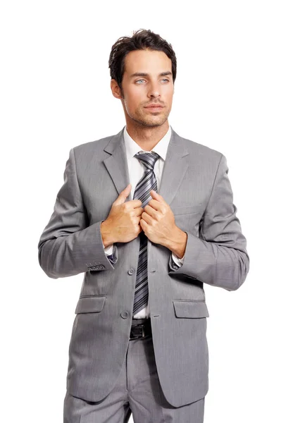 Thoughtful Executive Good Looking Young Businessman Holding Lapels His Jacket — Stock Photo, Image