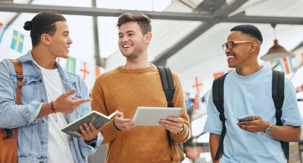 Student, friends and talking of university happy students diversity together using technology. Smile and speaking man friend group with happiness at an world and global event showing community.