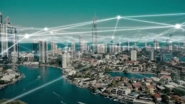 Digitális Város Hálózat Iot Drón Épületek Animáció Csomópont Overlay Egy — Stock videók