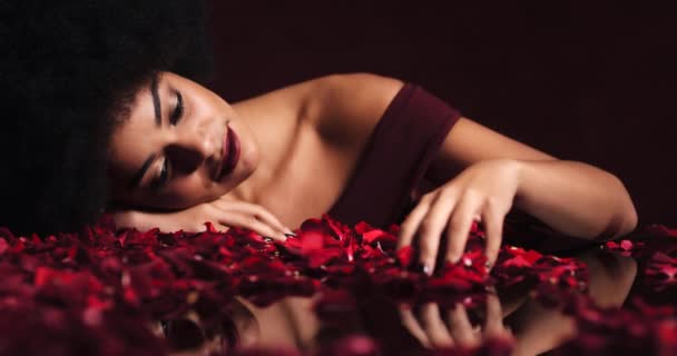Τριαντάφυλλο Πέταλα Μαύρη Γυναίκα Και Σέξι Γυναίκα Αγάπη Σεξουαλική Επιθυμία — Αρχείο Βίντεο