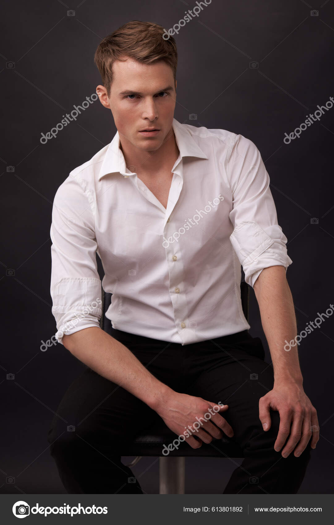 Free: Male portrait. handsome brunette man in white shirt and classy black  jeans poses in grey studio sitt - nohat.cc