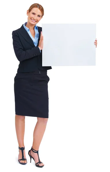 Showing Your Text Word Young Businesswoman Holding Placard Smiling — Stock Photo, Image