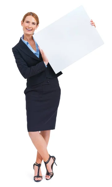 Holding Your Message Young Businesswoman Holding Placard Smiling — Stock Photo, Image