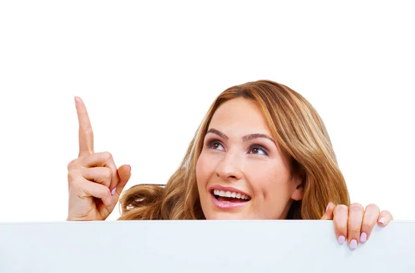 Showing You Add Your Text Young Woman Pointing Copyspace — Stock Photo, Image