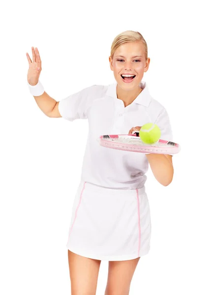 Ausbalancieren Ihrer Tennis Fähigkeiten Eine Attraktive Junge Frau Balanciert Einen — Stockfoto