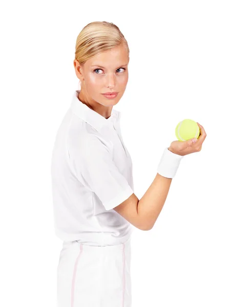 You Ready Attractive Young Woman Holding Tennis Ball Looking Her — Stock Photo, Image