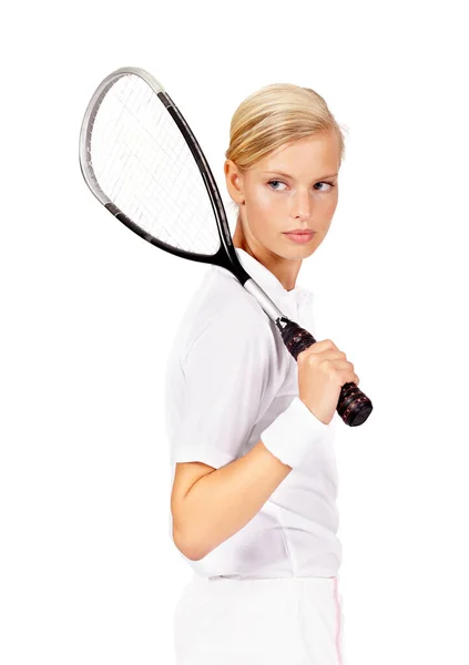 Shes Scouting Opposition Confident Looking Woman Holding Her Squash Racquet — Stock Photo, Image