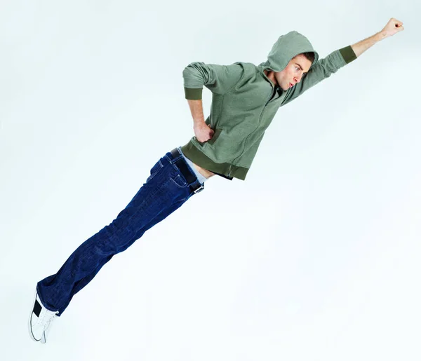 Vzdušný Superhrdina Mladý Muž Letící Superhrdinské Póze — Stock fotografie