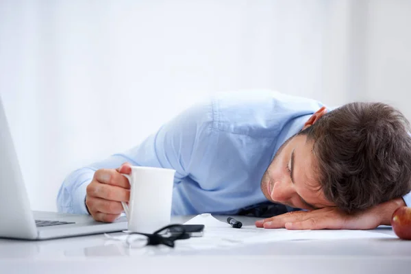 Working Overtime Businessman Asleep His Desk Work Coffee His Hand — Stock Photo, Image