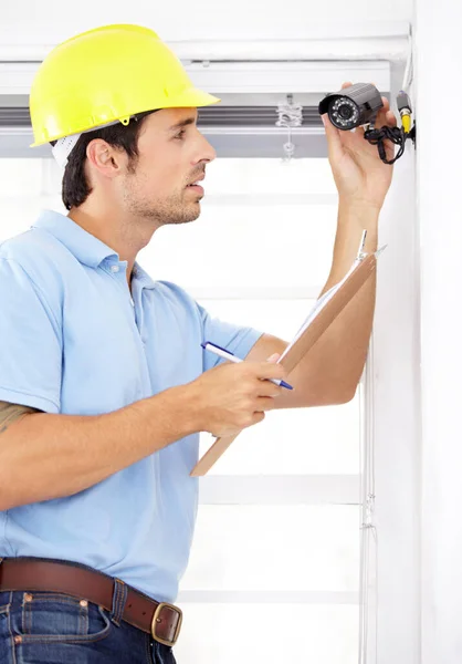 Perfectly Positioned Your Protection Handsome Young Man Installing Security Camera — Stock Photo, Image