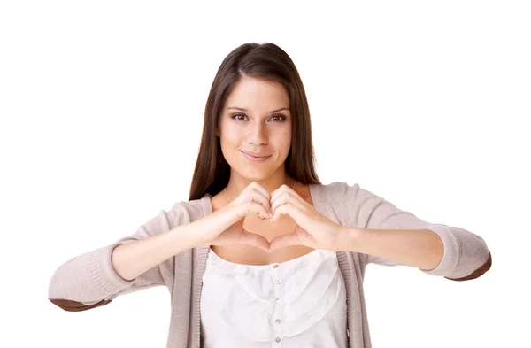 Die Liebe Spüren Lächelnde Junge Frau Mit Einem Herzsymbol Vor — Stockfoto