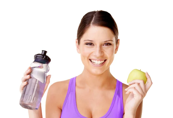 Workout Snack Portrait Positive Looking Young Woman Gym Clothing Holding — Stock Photo, Image