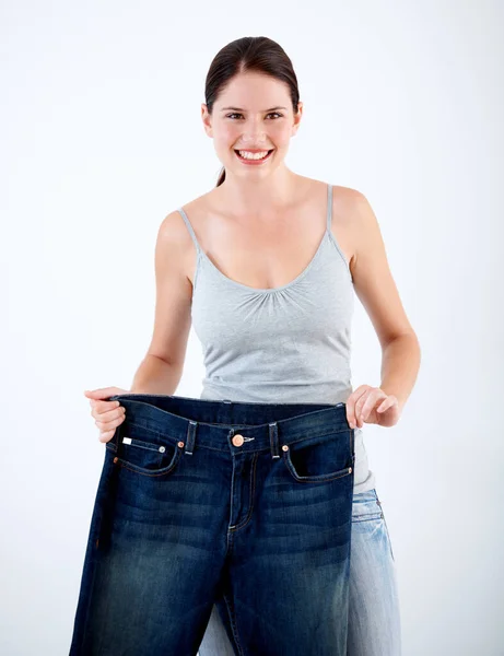 Feel Good Myself Pretty Slim Woman Holding Pair Her Old — Stock Photo, Image