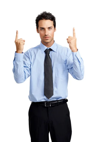 Answers Right Here Serious Young Businessman Pointing Upwards While Looking — Stock Photo, Image