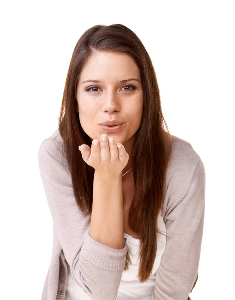 Mwah Smiling Young Woman Blowing Kiss White Background — Stock Photo, Image