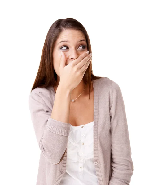 Могу Поверить Сказала Удивлённая Молодая Женщина Закрывает Рот Белом Фоне — стоковое фото