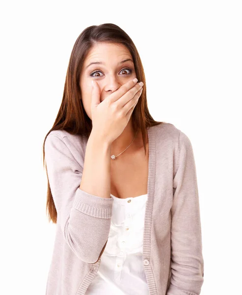 Surprise Surprised Young Woman Covering Her Mouth White Background — Stock Photo, Image