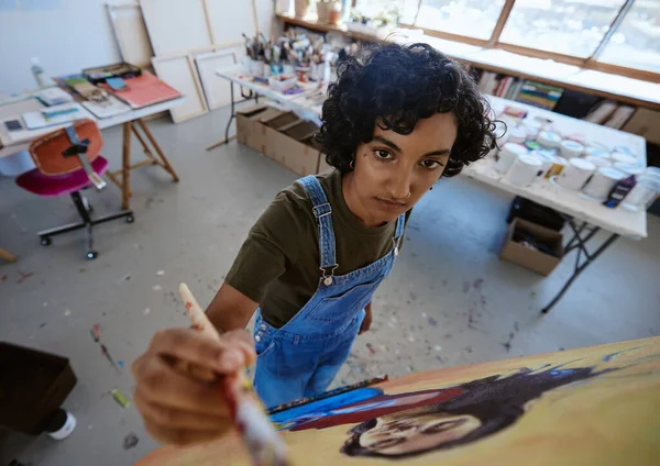 Ovanifrån Kvinna Konst Eller Duk Målning Studio Workshop Med Oljefärg — Stockfoto