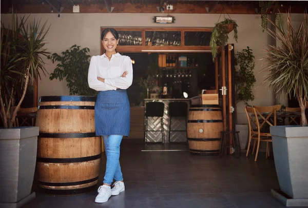 Winery restaurant, proud business owner woman in portrait for food, drink and hospitality industry. Vineyard waitress worker, bartender or manager with service motivation, trust and leader experience.