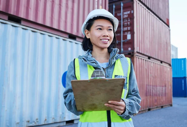 Shipping, cargo and logistics management with woman wearing delivery and warehouse orders, inventory and stock control. Factory, checklist and ecommerce manager happy and smile at supply chain plant.