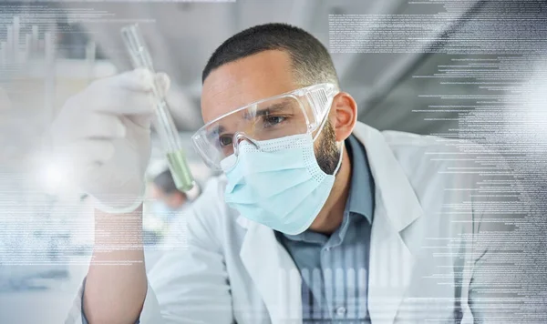 Covid, science and research with a man engineer holding a vial while working on innovation and development in a lab with overlay. Analytics, data and sample with a scientist at work in a laboratory.