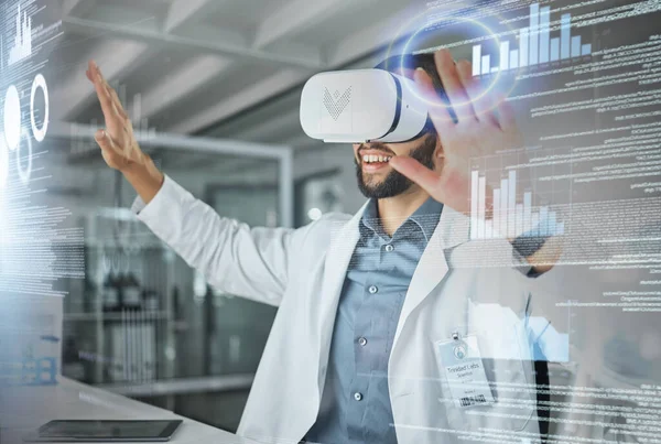 Virtual reality, overlay and science doctor in metaverse researching and working on futuristic 3d digital screen. Future, innovation and researcher in vr headset busy in a laboratory with medical ai.