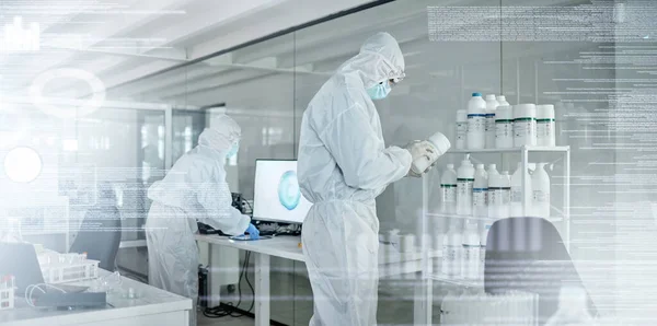 Lab work, covid security and scientist working to find a medical development on the internet with chemical at work. Healthcare workers doing research for futuristic innovation of science with uniform.