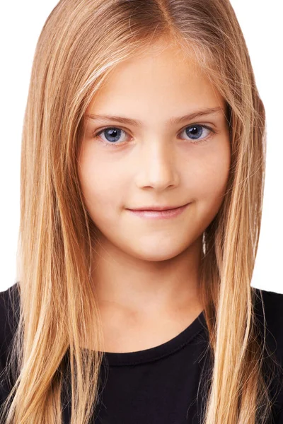Pěkný Portrét Portrét Krásné Mladé Dívky Usmívající Bílém Pozadí — Stock fotografie