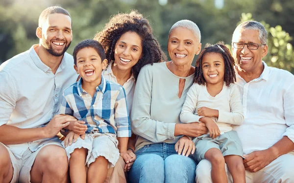 Gran Retrato Familiar Parque Con Abuelos Hijos Para Verano Vacaciones —  Fotos de Stock