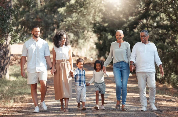 Summer, happy and black family walk in a park, bonding and having fun in nature together, cheerful and content. Love, kids and grandparents enjoying conversation and family time, smile and hold hands.